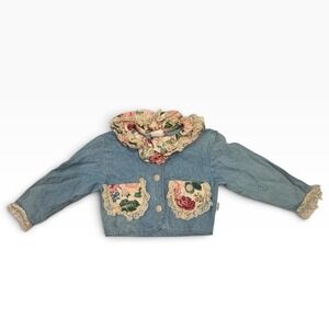 Vintage Baby Baby Girls Denim Jacket Floral Lace Pearl Made in USA Size 6